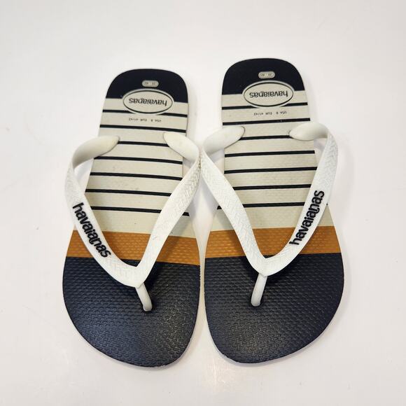 Havaianas Mens Nautical Flip Flops Sandals Size 8 Yellow Navy Blue White Stripes - Picture 2 of 6